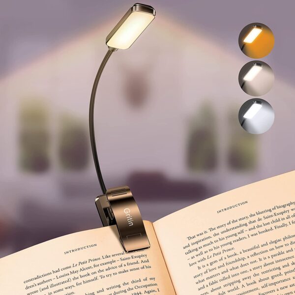 Gritin Leselampe Buch Klemme, Buchlampe mit 9 LEDs, 3 Farbtemperatur Modi, Stufenlose Helligkeit Klemmlampe, USB Wiederaufladbare Klemmleuchte, 360° Flexibel für Nachtlesen ins Bett, beim Reisen usw.