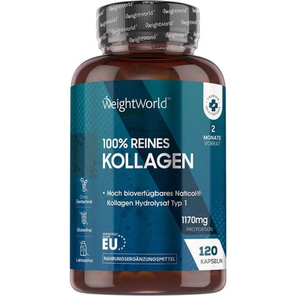 Kollagen Kapseln - 1170mg pures Marine Collagen - 120 Kapseln - NatiCol Kollagen-Hydrolysat Typ1 - Laborgeprüft in Deutschland - Reines Kollagen Protein Pulver in jeder Kapsel - Von WeightWorld
