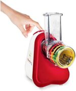 Moulinex DJ756G Fresh Express Plus, Elektrisches Schnitzelwerk, Gemüseschneider, Gemüsehobel, 5 Einsätze inkl. Reiben, 200W, Metallic-rot / Weiss – Bild 2