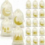 24 Stück Ramadan Sackleinen Taschen Eid Mubarak Taschen Leinen Kordelzug Geschenktüten Islamische Geschenke Klein Kordelzug Beutel Eid Taschen für Muslim Eid Mubarak Deko