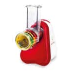 Moulinex DJ756G Fresh Express Plus, Elektrisches Schnitzelwerk, Gemüseschneider, Gemüsehobel, 5 Einsätze inkl. Reiben, 200W, Metallic-rot / Weiss