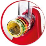 Moulinex DJ756G Fresh Express Plus, Elektrisches Schnitzelwerk, Gemüseschneider, Gemüsehobel, 5 Einsätze inkl. Reiben, 200W, Metallic-rot / Weiss – Bild 5