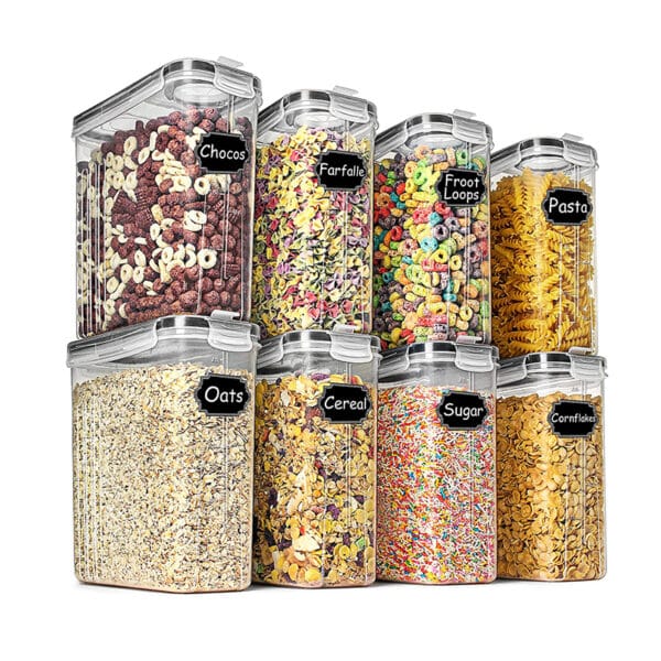 Wildone Frischhaltedosen, luftdicht, Vorratsdosen für Müsli und trockene Lebensmittel, Zucker, Mehl, Snacks, Backzubehör, auslaufsicher, mit schwarzem Verschlussdeckel, 2,5 l, 8 Stück