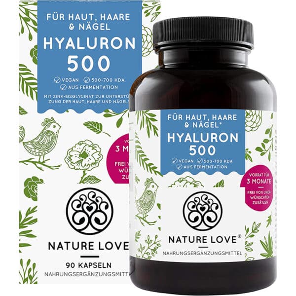 NATURE LOVE® Hyaluronsäure Kapseln mit Zink - Hochdosiert mit 500mg Hyaluron - Vegan - 90 Stück (3 Monate) - 500-700 kDa - Laborgeprüft, ohne Zusätze und in Deutschland produziert