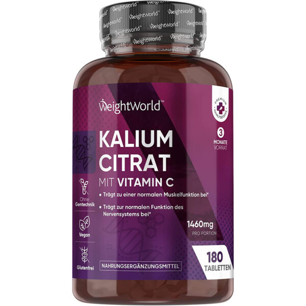 Kalium mit Vitamin C Tabletten - 1380mg Kaliumcitrat mit 80g Ascorbinsäure - 180 vegane Tabletten & 3 Monate Vorrat - Kalium trägt zu einem normalen Nervensystem & Blutdruck bei (EFSA) - WeightWorld