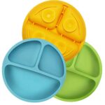 PandaEar Silikon Baby Teller Rutschfest Kinder Tischset mit Saugnäpfen, Geteilte Standfeste Babyteller Kleinkind Teller, BPA-Frei - 3er Pack, Spülmaschinen und MikrowellenFest, Blau Grün Gelb