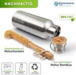 Blockhütte. Premium Edelstahl Trinkflasche isoliert I mit Naturborsten Bürste I Isolierflasche auslaufsicher I Wasserflasche spülmaschinenfest für Uni, Büro I BPA Frei – Bild 2