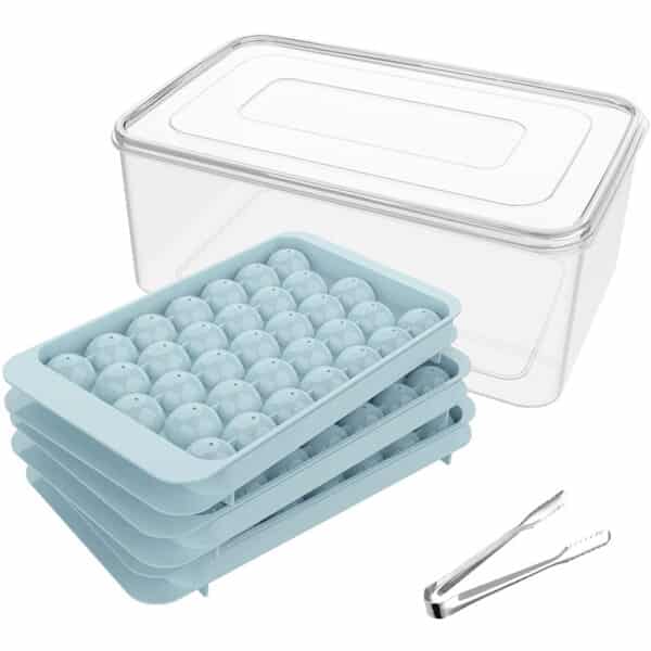 Miaowoof Mini Eiswürfelform Bälle, Runde Eiswürfelbehälter für Gefrierschrank Kreis, Eis, Cocktail, Whiskey, Tee, Kaffee, 1,2in x 99 Stück (3 Eiswürfelschalen & Eisbehälter & Eiszange)