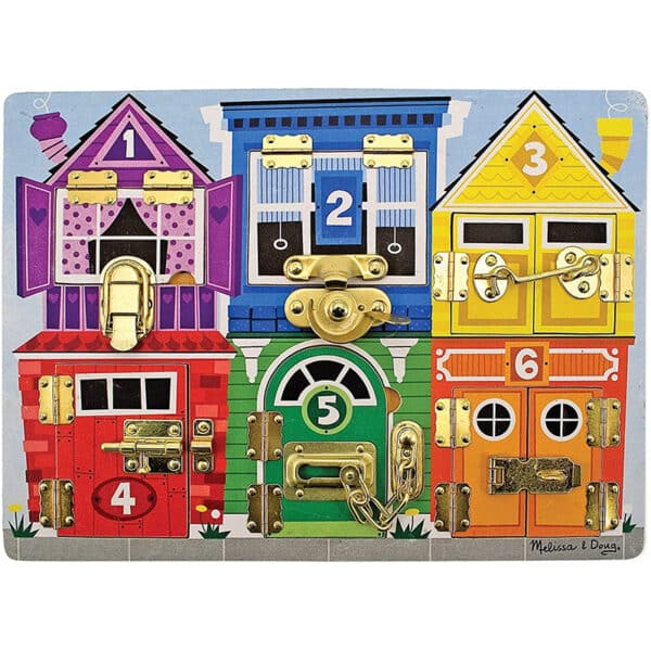 Melissa & Doug Holz Lernspielzeug Motorikbrett zum Verriegeln | Motorik Spielzeug für die Vorschule | Activity Board Kinder