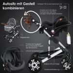KESSER® Loops 3 in 1 Kinderwagen Kombikinderwagen komplettset incl. Babywanne & Buggy Sportsitz &Auto-Babyschale - Voll-Gummireifen - Wickeltasche/Regenschutz/Kindertisch Set Asphal – Bild 4