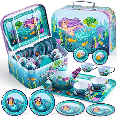 61Hb7BNzZkL._AC_.jpg JOYIN Meerjungfrau Wackelkäfer Teeservice Tin Teekanne Set für Kinder Tee Party Küche Teekanne Set Spielzeug Kinder geburtstagsgeschenk 3-8 Jahre – Bild 1
