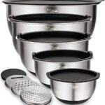 Rührschüsseln 5er-Set, Wildone Edelstahl mit luftdichten Deckeln, 3 Reibenaufsätzen, Messmarken und rutschfesten Böden, Grösse 5, 3, 2, 1,5, 0,63 QT, ideal zum Mischen und Servieren