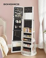 SONGMICS Schmuckschrank, Standspiegel, Spiegelschrank, mit Ganzkörperspiegel, um 360° drehbar, Schmuckaufbewahrung, abschliessbar, mit Schlüsseln, Geschenkidee, weiss mit grauer Holzmaserung – Bild 2