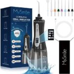 MySmile Leistungsstarke kabellose Munddusche, tragbare Munddusche mit 5 Modi OLED-Display, 8 austauschbaren Düsenspitzen und 350 ml abnehmbarem Wassertank für den Heimgebrauch