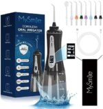 MySmile Leistungsstarke kabellose Munddusche, tragbare Munddusche mit 5 Modi OLED-Display, 8 austauschbaren Düsenspitzen und 350 ml abnehmbarem Wassertank für den Heimgebrauch