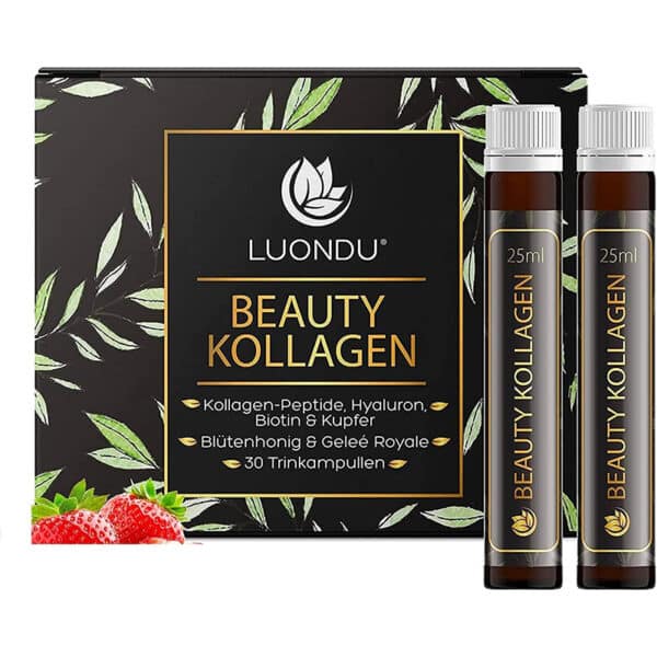 Luondu Beauty Kollagen Trinkampullen mit Hyaluronsäure (30 Ampullen mit 2500mg Premium Collagen flüssig) I Anti Aging* zum Trinken I Mit Biotin, Kupfer & Vitamin C, Blütenhonig & Gelée Royale
