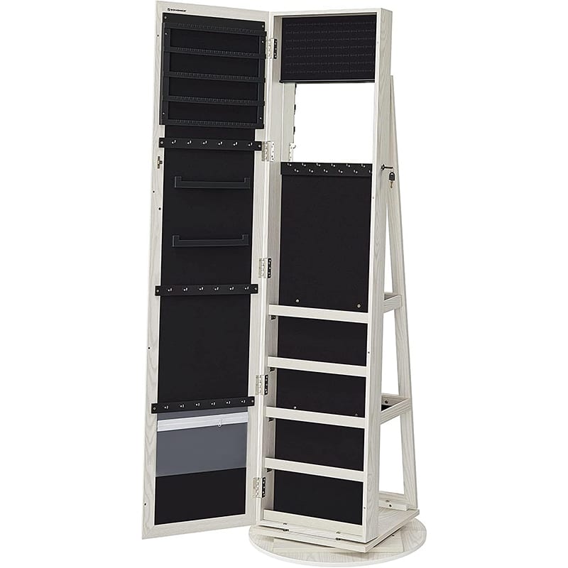 songmics SONGMICS Schmuckschrank, Standspiegel, Spiegelschrank, mit Ganzkörperspiegel, um 360° drehbar, Schmuckaufbewahrung, abschliessbar, mit Schlüsseln, Geschenkidee, weiss mit grauer Holzmaserung – Bild 1