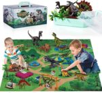 TEMI Dinosaurier Spielzeugfigur mit Aktivität Spielmatte &Bäume, pädagogisch realistisches Dinosaurier-Spielset zur Schaffung Einer Dino-Welt mit T-Rex, Triceratops, Velociraptor für Kinder 3+