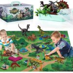 TEMI Dinosaurier Spielzeugfigur mit Aktivität Spielmatte &Bäume, pädagogisch realistisches Dinosaurier-Spielset zur Schaffung Einer Dino-Welt mit T-Rex, Triceratops, Velociraptor für Kinder 3+