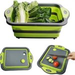 D L D Collapsible Cutting Board with Colander Containers, Foldable Food Grade Silicone Dish Tub Chopping Board, Washing Basin Draining Basket Strainer for Home Kitchen Camping Picnic BBQ
