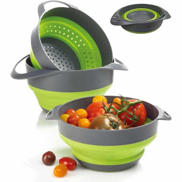 Bergmeister® Faltbares Schüssel Set 3in1 mit Abtropfsieb/Nudelsieb 1,7L / 2,8L Multifunktional Spülmaschinenfest Platzwunder für jedes Zuhause sowie Outdoor Camping Küche