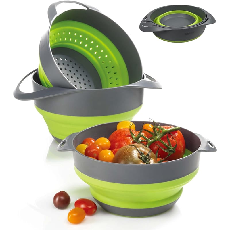 Bergmeister1 Bergmeister® Faltbares Schüssel Set 3in1 mit Abtropfsieb/Nudelsieb 1,7L / 2,8L Multifunktional Spülmaschinenfest Platzwunder für jedes Zuhause sowie Outdoor Camping Küche – Bild 1