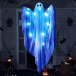 Halloween-Hänge-Geist mit gruseligem blauem LED-Licht, 119,4 cm weisse hängende Geister, Beste Halloween-Hängedekoration für Vorhof, Terrasse, Rasen, Garten, Party-Dekoration, drinnen und draussen
