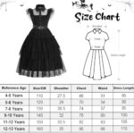 Wednesda Addam Kostüm Damen Mädchen, Mittwochs Kleid für Kinder, Katzenohr-Stirnband, Gürtel, Hüftgurt, Ohrrin, Perücke, Strumpf, Addam Family Kostüm Gothic Adams-ChildrenSuit – Bild 4