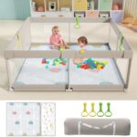 Uanlauo laufstall baby mit Spielmatte,150x150cm laufgitter baby,XXL Kinder laufgitter,Innen&Aussen Baby Laufstall mit Reissverschlusstür,Baby-Aktivitätsbereich mit 4 Ziehringen