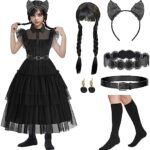 Wednesda Addam Kostüm Damen Mädchen, Mittwochs Kleid für Kinder, Katzenohr-Stirnband, Gürtel, Hüftgurt, Ohrrin, Perücke, Strumpf, Addam Family Kostüm Gothic Adams-ChildrenSuit