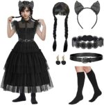 Wednesda Addam Kostüm Damen Mädchen, Mittwochs Kleid für Kinder, Katzenohr-Stirnband, Gürtel, Hüftgurt, Ohrrin, Perücke, Strumpf, Addam Family Kostüm Gothic Adams-ChildrenSuit