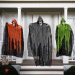 JOYIN 3 Stück Halloween hängende Sensenmänner, 134,6 cm + 80 x 2 cm, hängende Skelett Geister für beste Halloween Innen- und Aussendekorationen, Spukhaus Deko – Bild 6