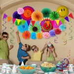 Huryfox Bunte Party Deko für Gartenpartys, Geburtstage und Karneval - 33 Stück mit hängenden Papier Lüfter, Regenbogen Pompons, Tissue Bänder und Wimpelketten Girlande für Feste, Hochzeiten & mehr – Bild 7