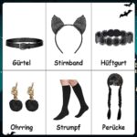 Wednesda Addam Kostüm Damen Mädchen, Mittwochs Kleid für Kinder, Katzenohr-Stirnband, Gürtel, Hüftgurt, Ohrrin, Perücke, Strumpf, Addam Family Kostüm Gothic Adams-ChildrenSuit – Bild 3