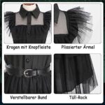 Wednesda Addam Kostüm Damen Mädchen, Mittwochs Kleid für Kinder, Katzenohr-Stirnband, Gürtel, Hüftgurt, Ohrrin, Perücke, Strumpf, Addam Family Kostüm Gothic Adams-ChildrenSuit – Bild 5