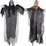 JOYIN 2 Stück Halloween Hängende Skelett Geister, 1 m, EIN Fliegender Sensenmann und EIN Skelett-Pirat mit LED-Blinkaugen, Beste Halloween Dekorationen