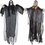 JOYIN 2 Stück Halloween Hängende Skelett Geister, 1 m, EIN Fliegender Sensenmann und EIN Skelett-Pirat mit LED-Blinkaugen, Beste Halloween Dekorationen