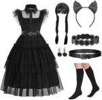 Wednesda Addam Kostüm Damen Mädchen, Mittwochs Kleid für Kinder, Katzenohr-Stirnband, Gürtel, Hüftgurt, Ohrrin, Perücke, Strumpf, Addam Family Kostüm Gothic Adams-ChildrenSuit – Bild 2