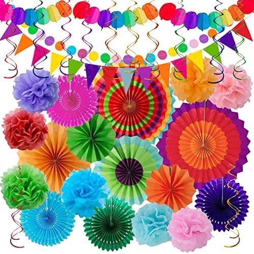611lTKmytKL._AC_.jpg Huryfox Bunte Party Deko für Gartenpartys, Geburtstage und Karneval - 33 Stück mit hängenden Papier Lüfter, Regenbogen Pompons, Tissue Bänder und Wimpelketten Girlande für Feste, Hochzeiten & mehr – Bild 1