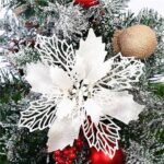 GLITZFAS 12 Stück Glitter Weihnachtsbaum Dekoration, Weihnachtsbaumschmuck Ornament aus Kunststoff, Weihnachten Blumen Dekor, Christbaumanhänger
