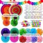 Huryfox Bunte Party Deko für Gartenpartys, Geburtstage und Karneval - 33 Stück mit hängenden Papier Lüfter, Regenbogen Pompons, Tissue Bänder und Wimpelketten Girlande für Feste, Hochzeiten & mehr – Bild 2