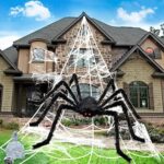 Halloween Deko Outdoor Spinne Gross Horror Deko Garten 127cm Riesenspinne Set with 50cm Dreieckiges Riesen Spinnennetz - Gruselige Dehnbares Riesen Spinne