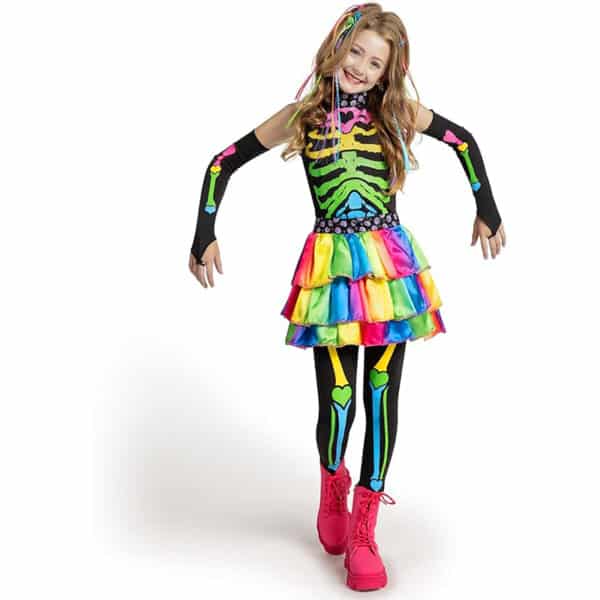 Spooktacular Creations Punky Buntes Skelett Deluxe Mädchen Kostüm Set mit Haarverlängerungen für Halloween Kostüm Dress Up Partys