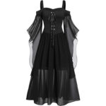 CHARMMA Gothic Halloween Kleid Kostüm Damen,Übergrösse A-Linie Schnüren Maxi Kleider mit Schmetterlingsärmeln für Frauen,Festliches Vintage Schwarz Hexenkleid Cosplay Club Party Kostüme