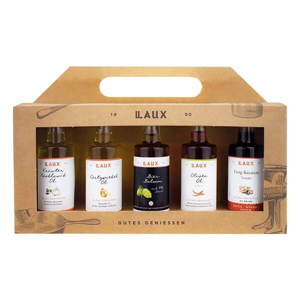 LAUX BBQ Essig Öl Set | 5 aromatische Sorten Olivenöl, Kräuter Knoblauch Öl, Röstzwiebel Öl, Essig & Balsam | Geschenk für Grillfans | Made in Germany