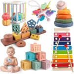 Aliex 6 in 1 Montessori Spielzeug Baby ab 6 9 12 Monate 1 2 3 Jahre, Motorikspielzeug Xylophon Stapelturm Holzspielzeug Motorikwürfel Baby Geschenk Junge Mädchen