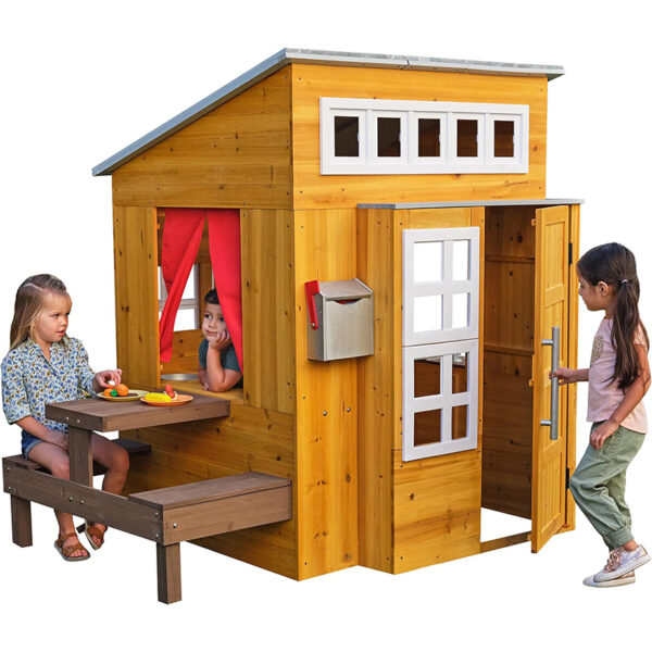 KidKraft Modernes Outdoor Garten-Spielhaus aus Holz mit Kinderküche und Gartenmöbel für Kinder