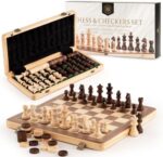 A&A 15 inch Wooden Folding Chess & Checkers Set w/ 3 inch King Height Staunton Chess Pieces / 2 Extra Queens
