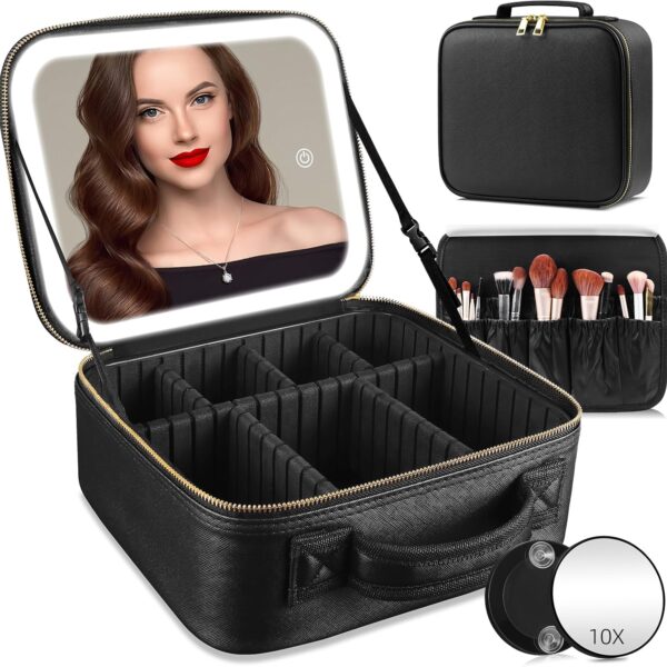 JUSRON LED Make-up Tasche mit Spiegel & Verstellbaren Trennwänden