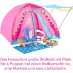 2 Puppen, 1x blond, 1x schwarz, Camping Zubehör, Zelt, Hase, Eichhörnchen